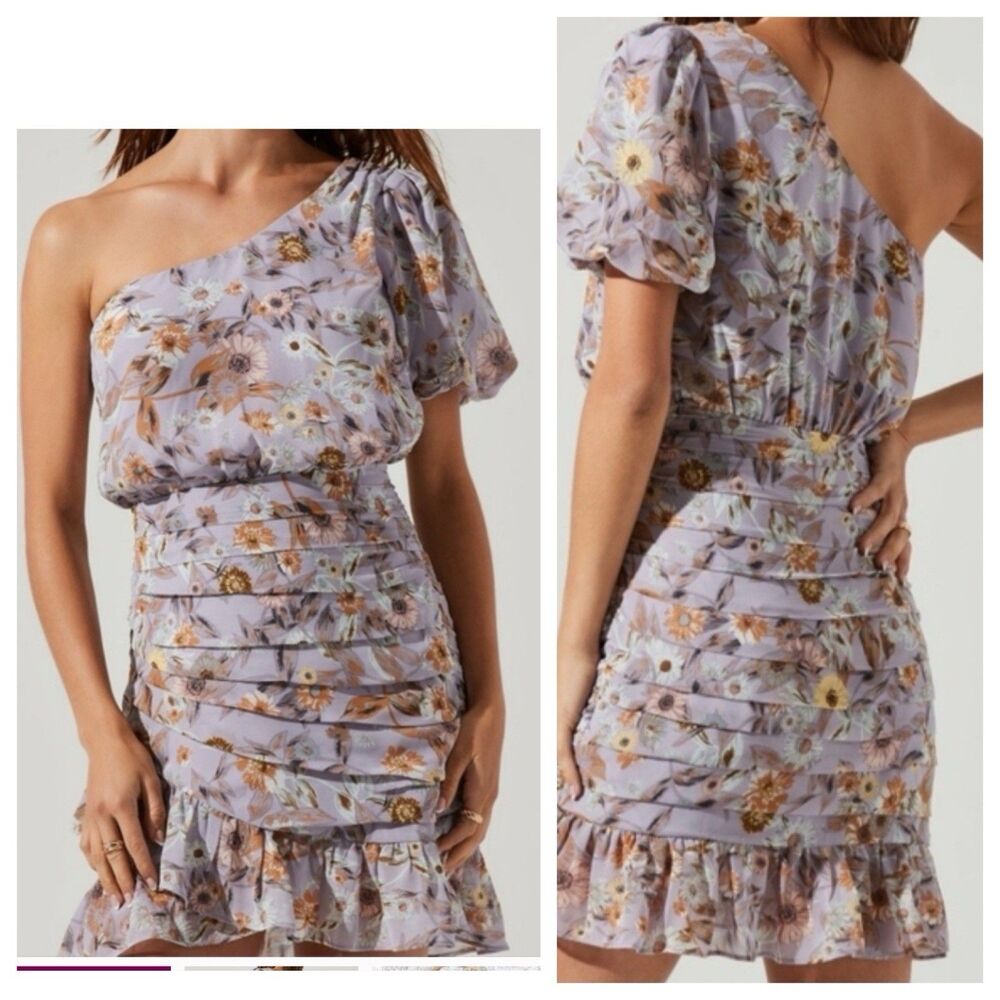 NWT ASTR The Label Floral Purple Tulip Skirt One Shoulder  Mini Dress Side Zip M